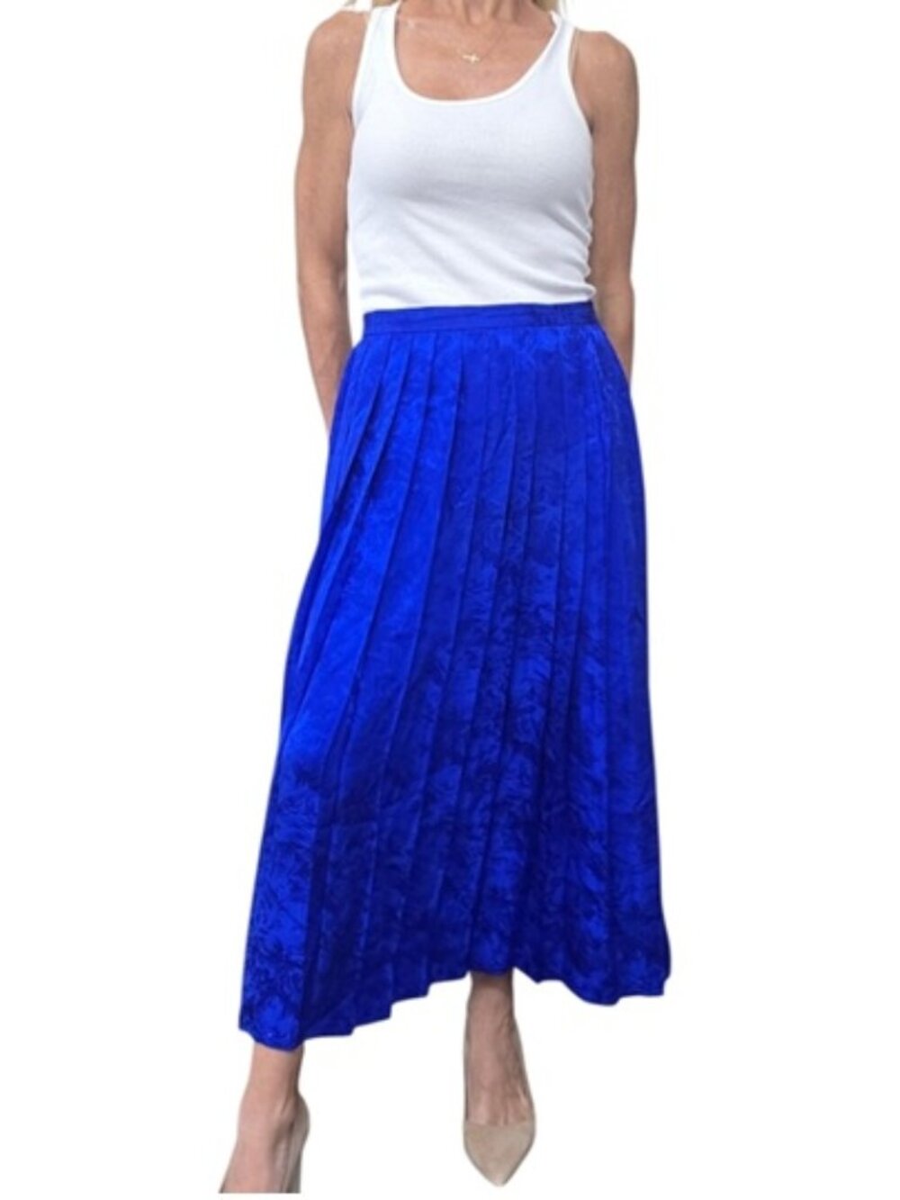 Vintage 90s Royal Blue 100% Silk Jacquard Pleated Midi Skirt Size 6